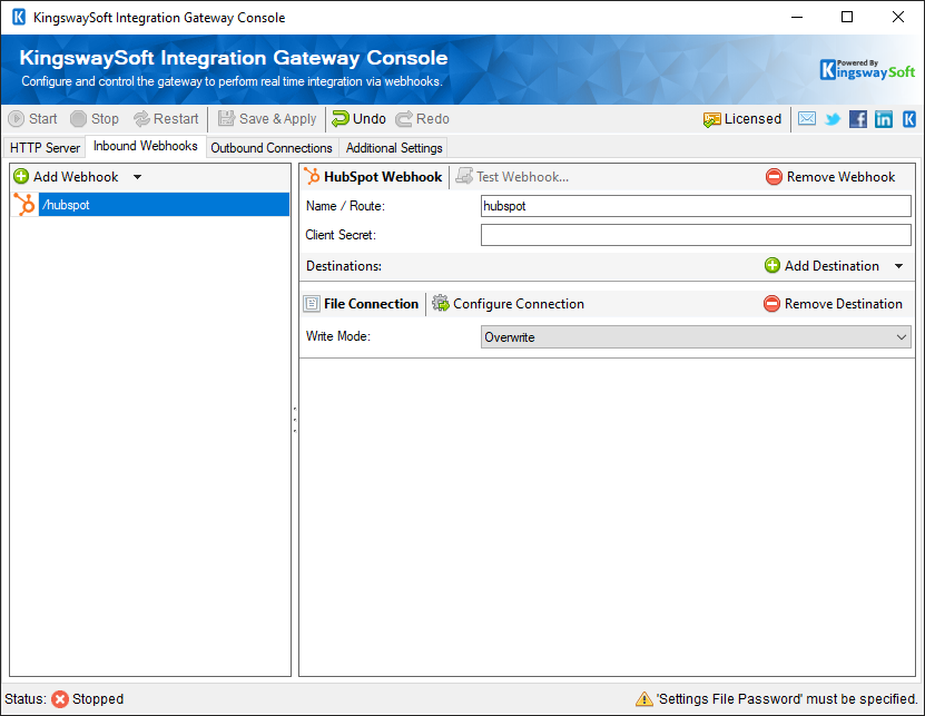 KingswaySoft Integration Gateway Console - Inbound Webhooks - HubSpot